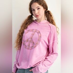 Easel Los Angeles Pink Mineral Wash Peace Sign Hoodie – Size Small NWT